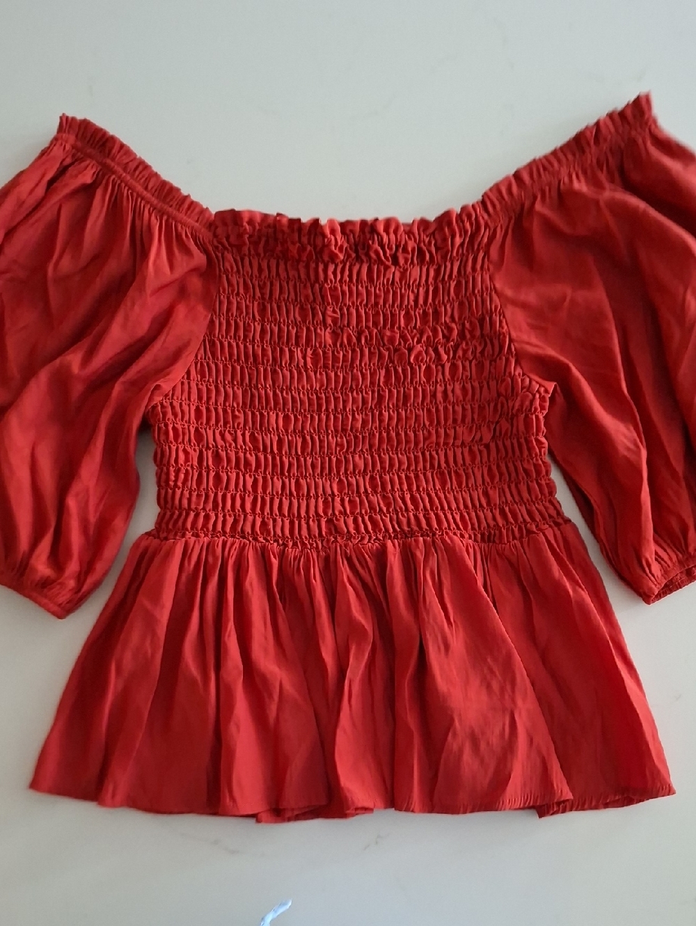 Flying Tomato Deep Red Smocked Off-the-Shoulder Peplum Puff Sleeve Top (Size 1X)